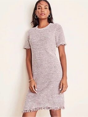 Ann Taylor Light Mauve Knit Short Sleeve Fringe Tweed Sweater Midi Dress